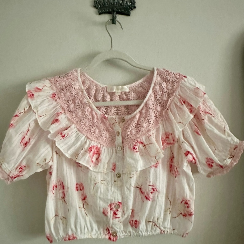 LoveShackFancy Pink Floral Cropped Blouse Top